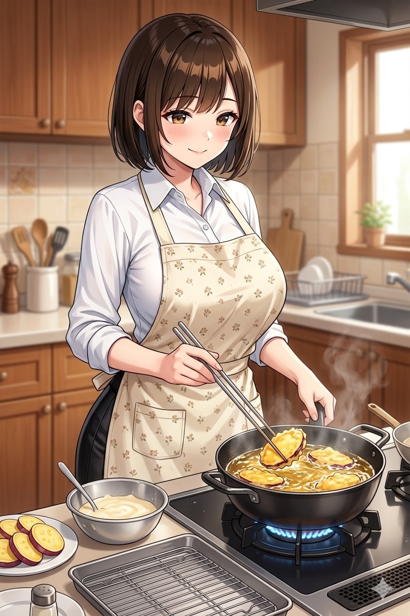 イモ天を揚げるアキちゃん