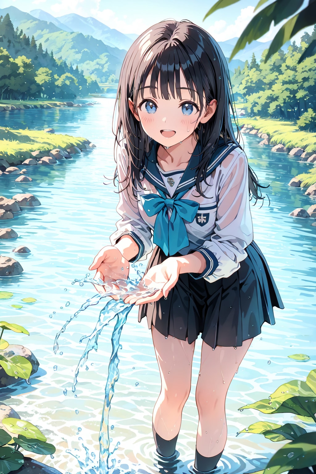 制服で川遊び