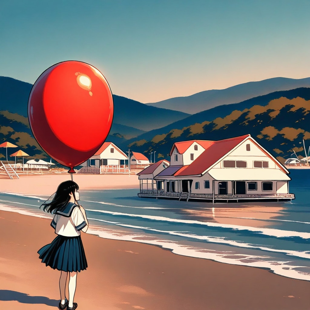 海の家で赤い巨大風船を持つ黒髪ロングの美女 | の人気AIイラスト・グラビア