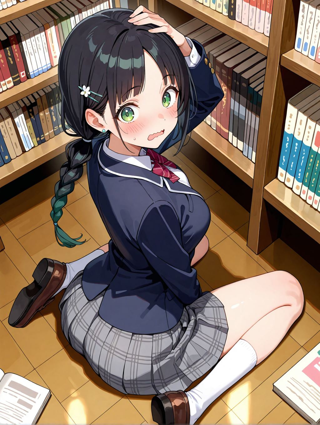 本屋の棚にぶつかるこよみちゃん