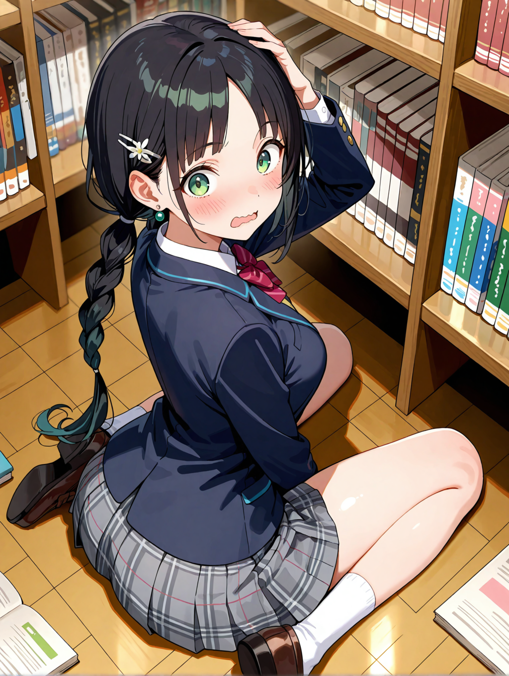 本屋の棚にぶつかるこよみちゃん