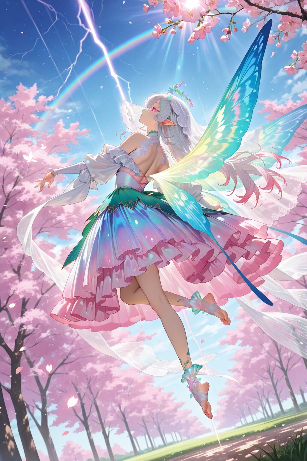 天空から落雷のような桜の神秘的エネルギーを体に受ける蝶の精霊