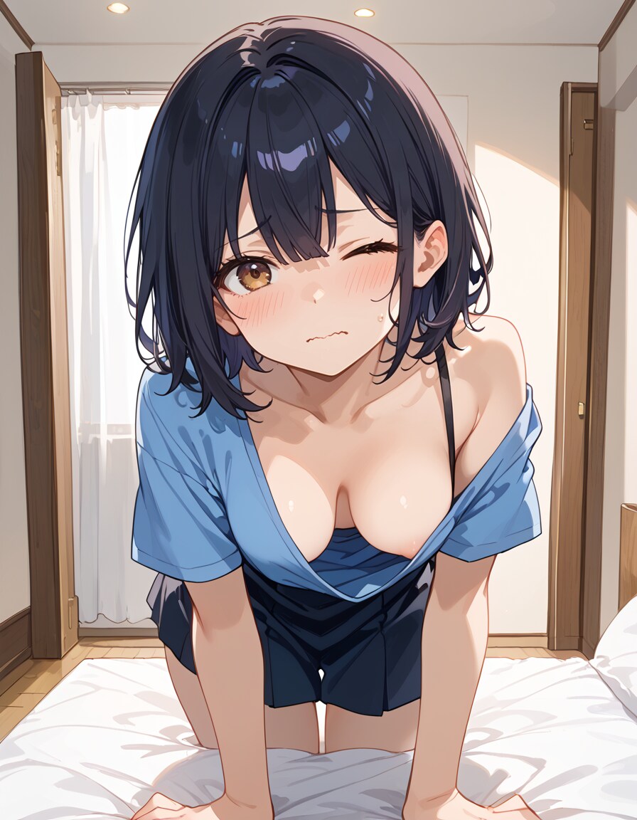 童顔巨乳黒髪美少女の胸チラ