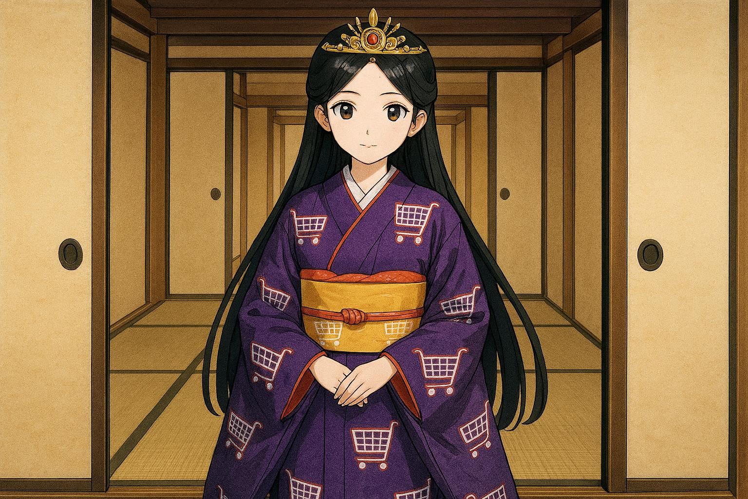 ショッピングカート柄のお着物のお姫様 | の人気AIイラスト・グラビア