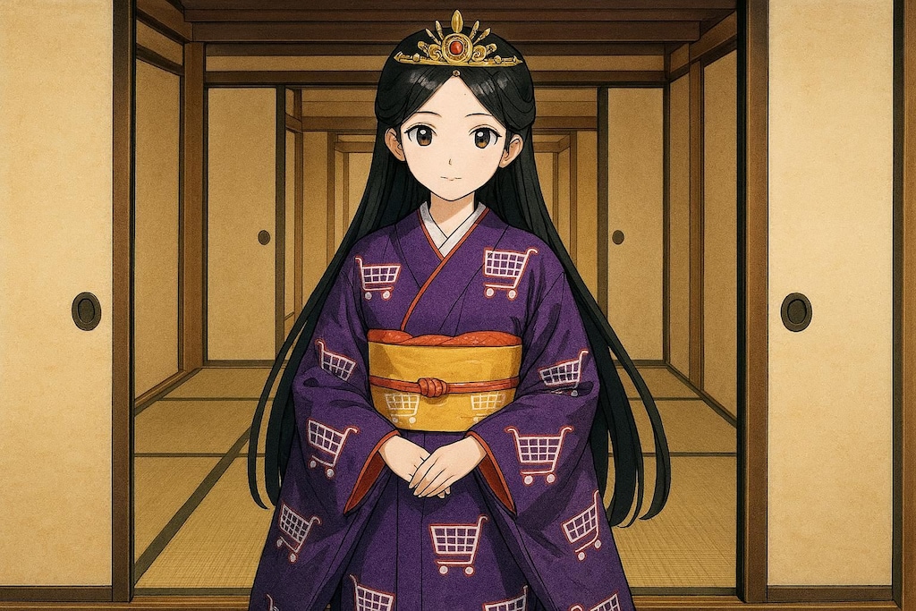 ショッピングカート柄のお着物のお姫様