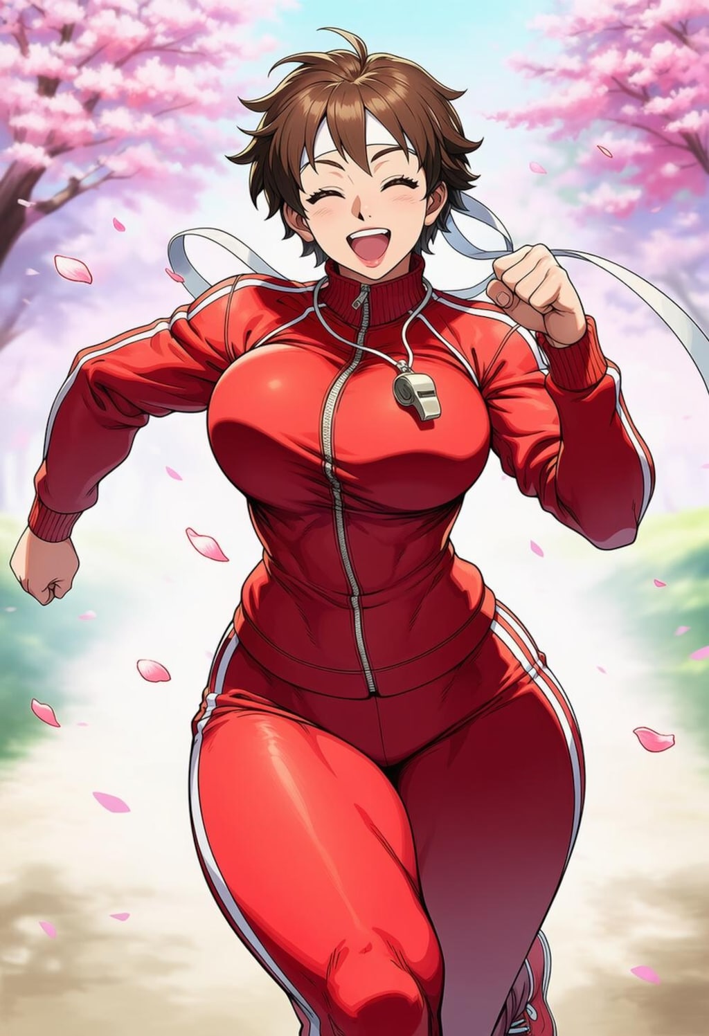 桜を走るスニーカー体操服コスプレブルマ人妻
