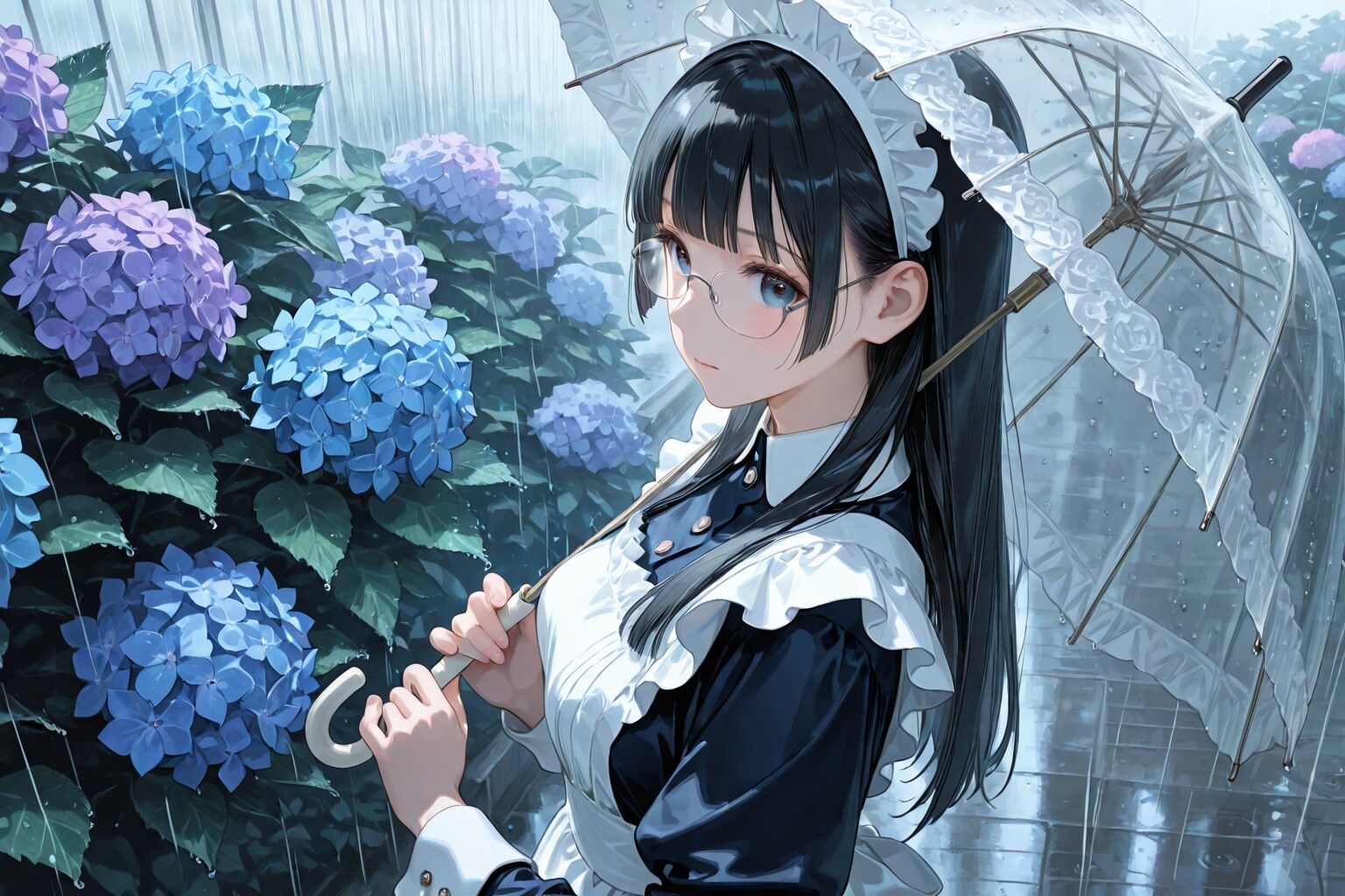 紫陽花とメイドさん