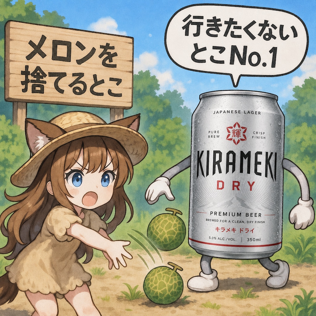 メロンを捨てるとこのビール缶と小さな女の子