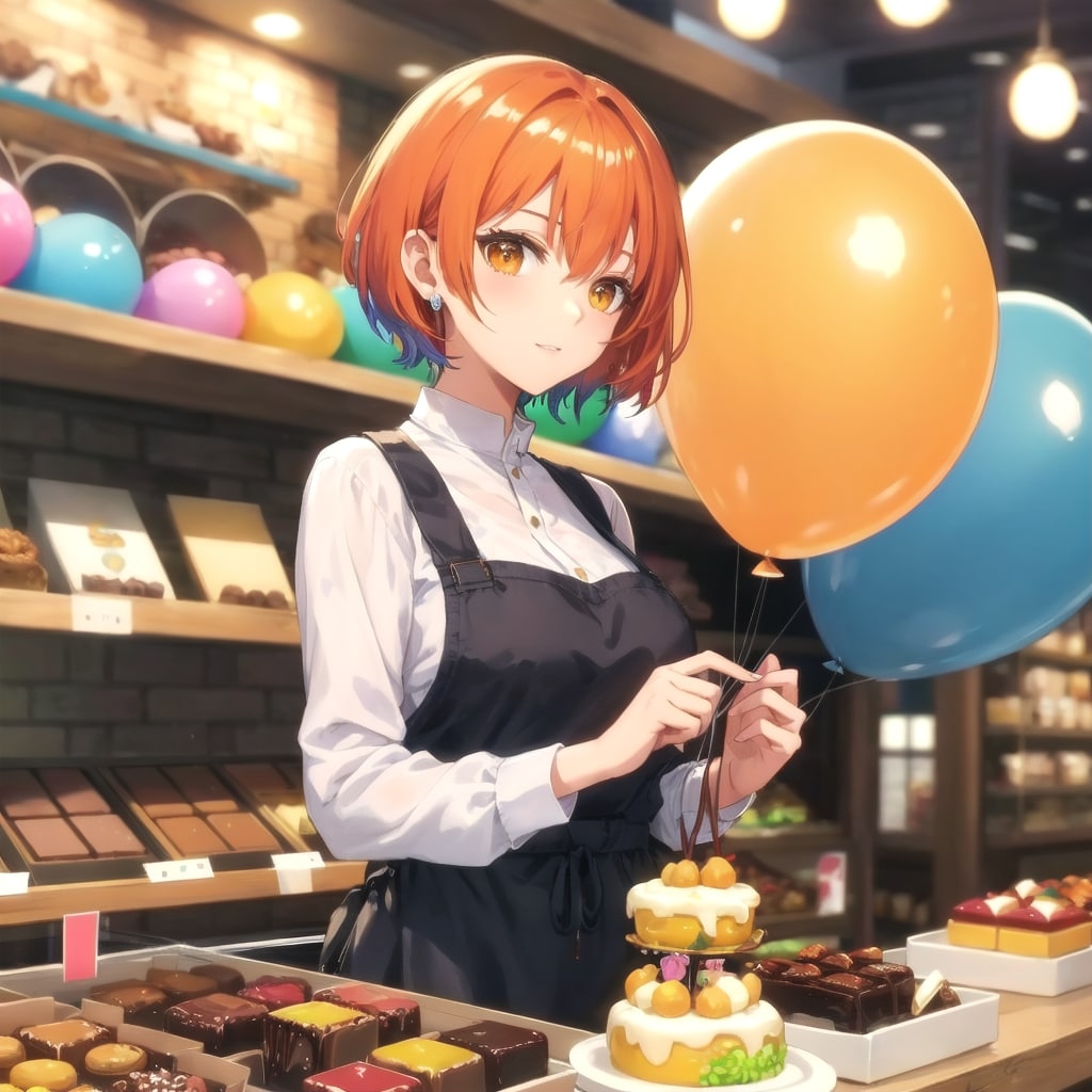 いっぱい風船を持つオレンジ髪ショートカットのチョコレート屋さんの美女 | の人気AIイラスト・グラビア