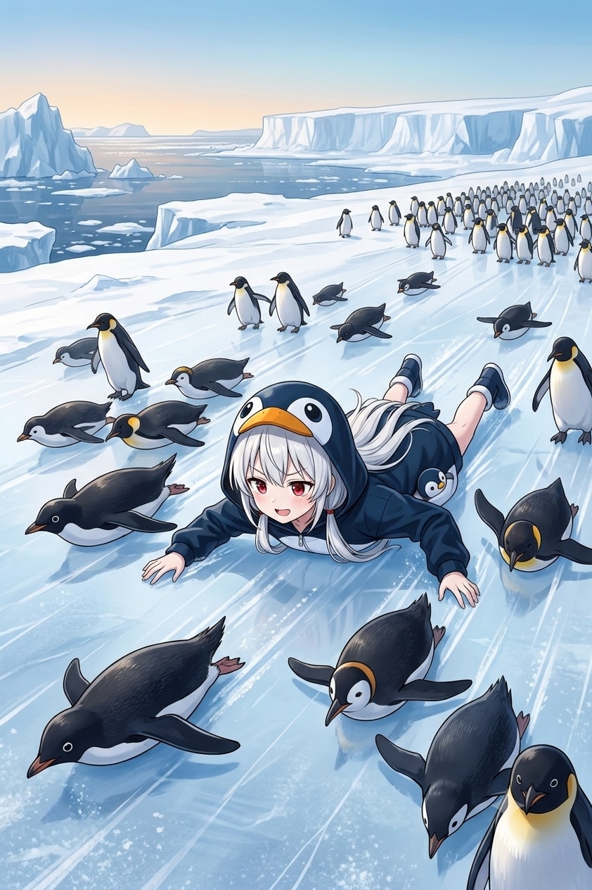 ペンギンと戯れるアイちゃん