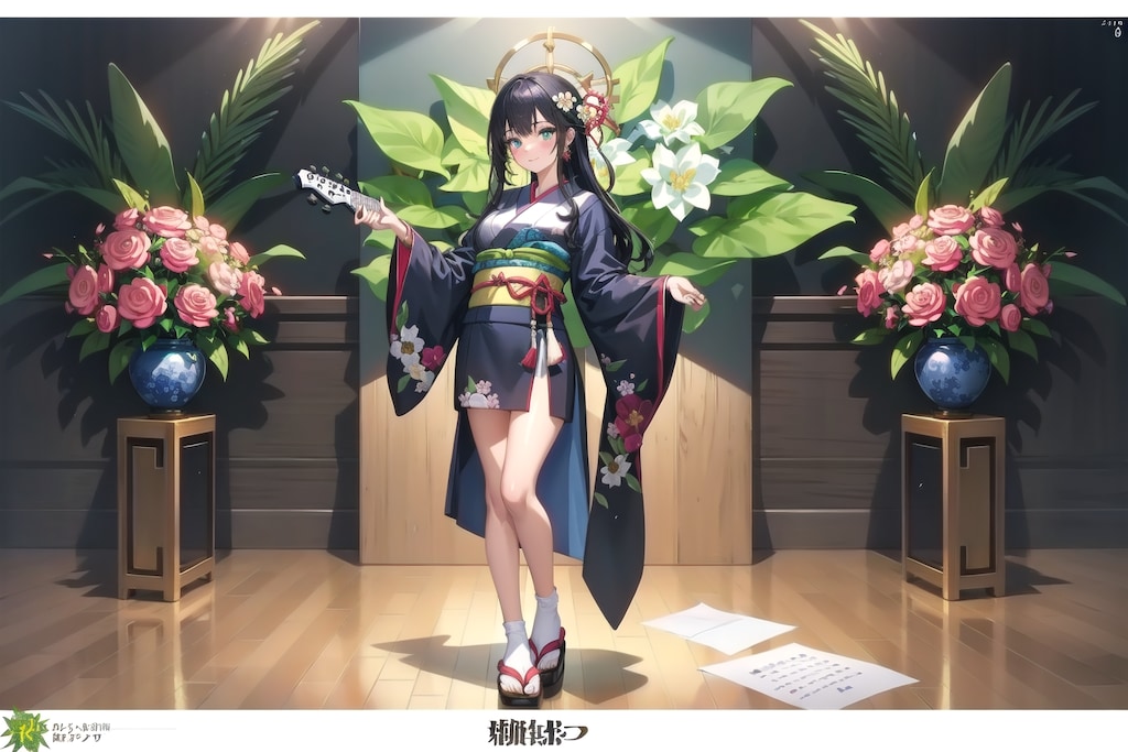 派手な着物で