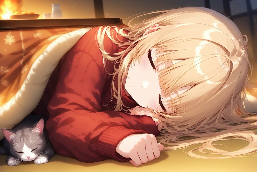 子猫と一緒にこたつでお昼寝