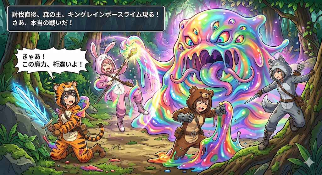 【All0421b】討伐直後、スライムの王キングレインボースライム現れた！さあ戦闘開始だ（モデル: NanoBanana2）