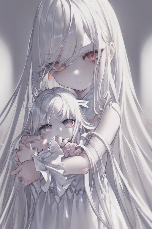 髪の長い白い幼女と白い人形