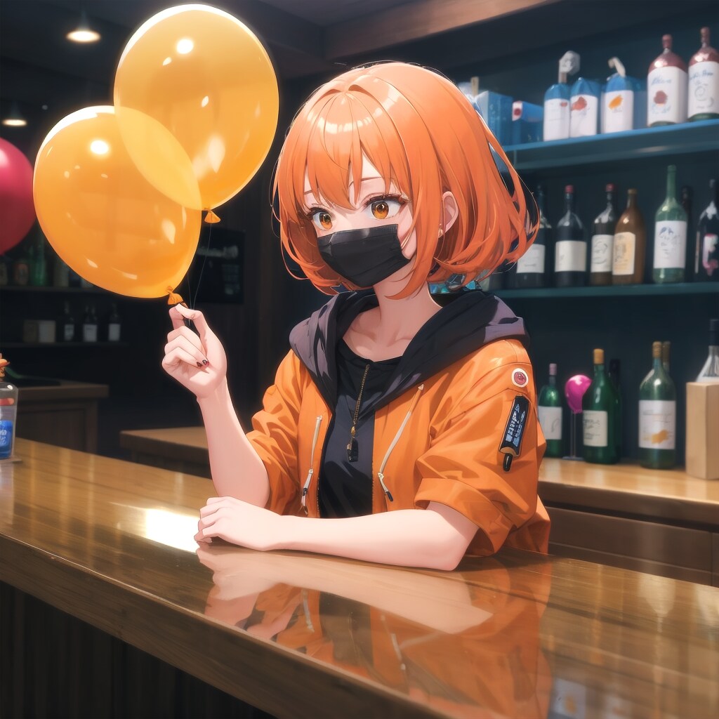 バーでオレンジ色の風船を膨らませて遊ぶオレンジ髪の美女