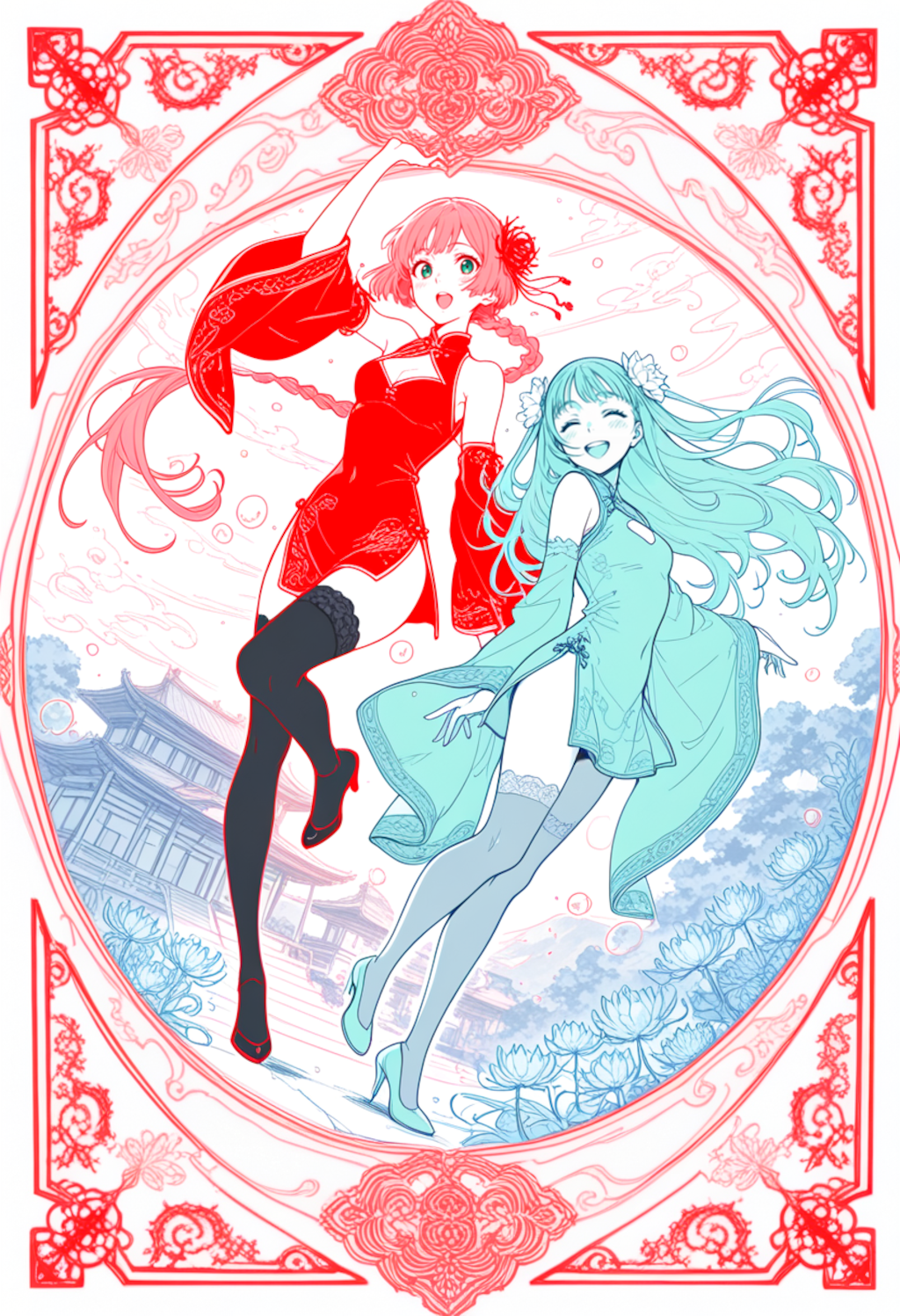 レッド＆ブルーチャイナドレスガール