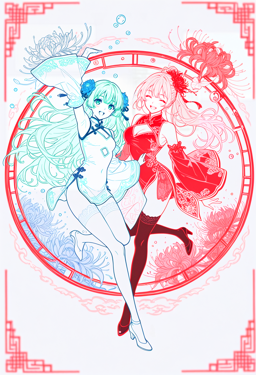 レッド＆ブルーチャイナドレスガール | の人気AIイラスト・グラビア