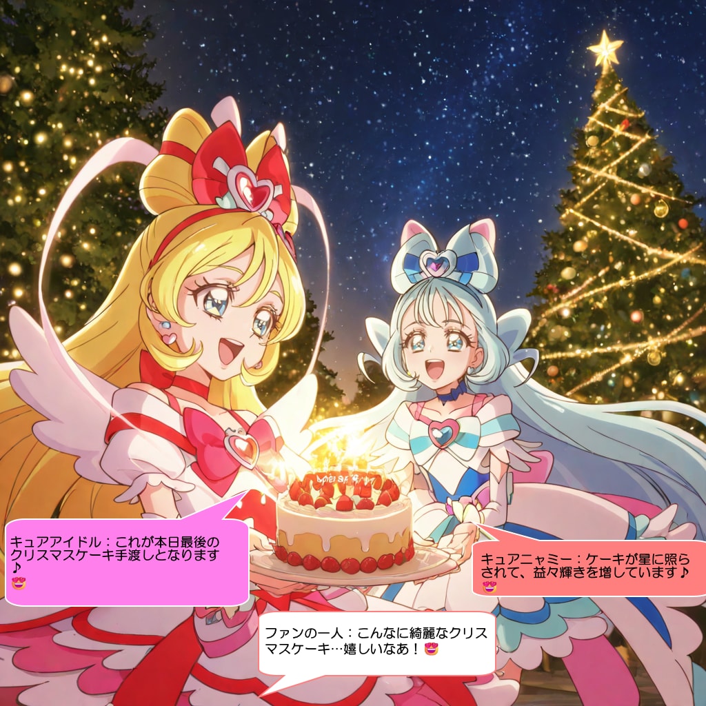キュアアイドルとキュアニャミー、喜んでクリスマスケーキを配る