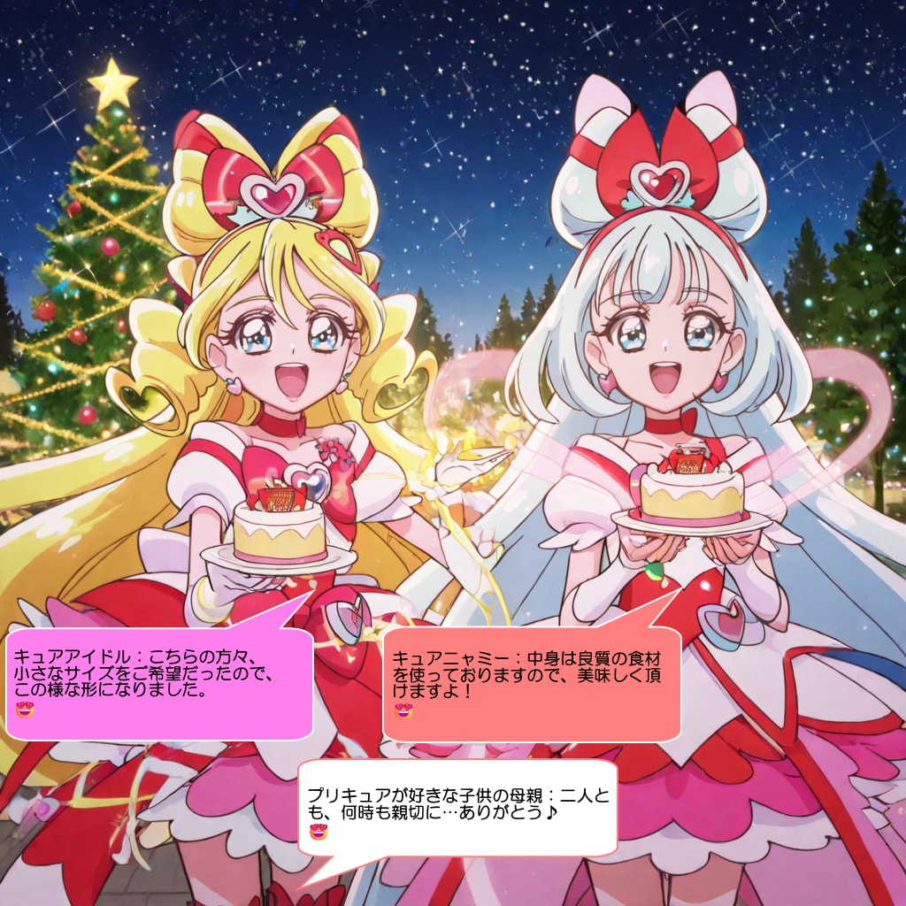 キュアアイドルとキュアニャミー、喜んでクリスマスケーキを配る