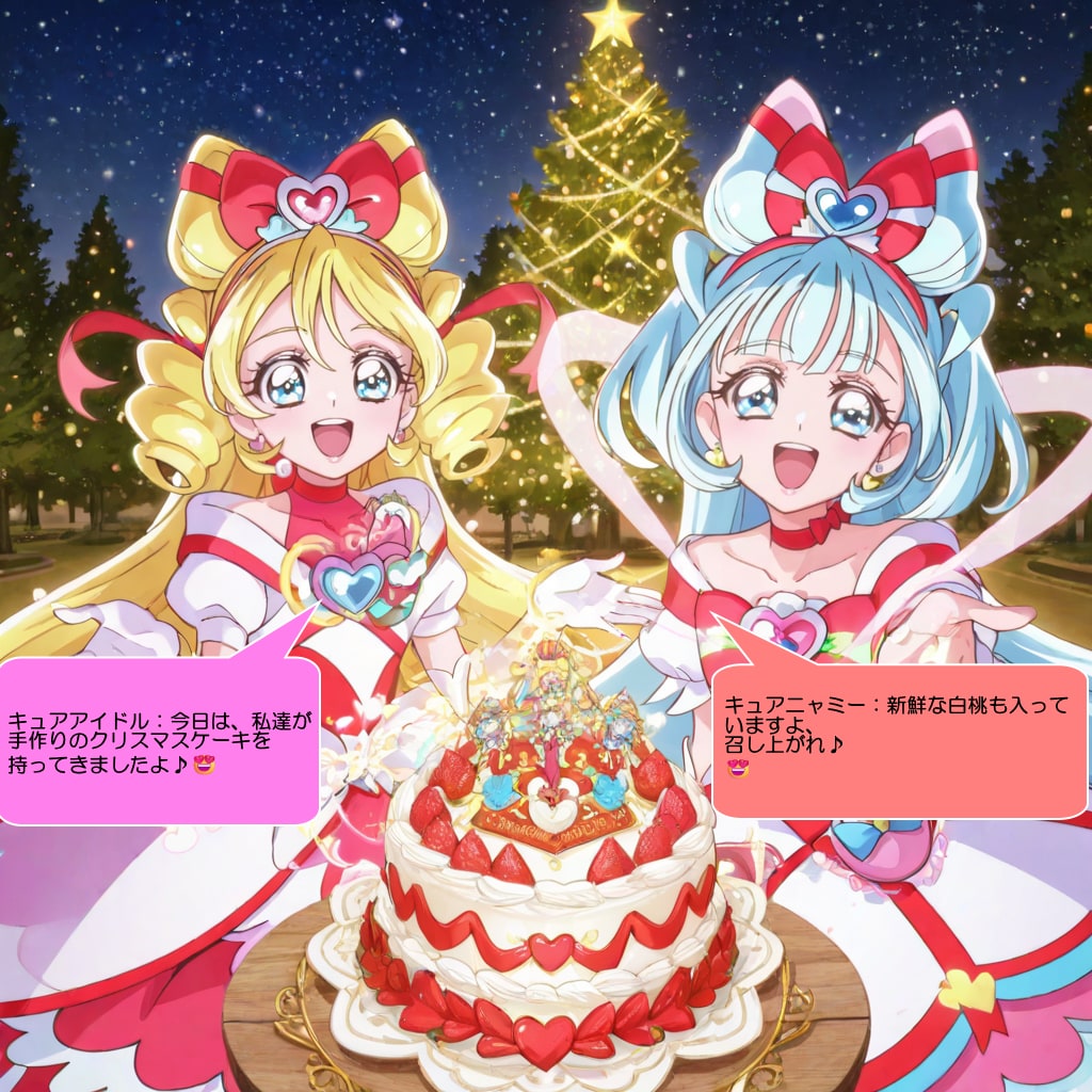 キュアアイドルとキュアニャミー、喜んでクリスマスケーキを配る