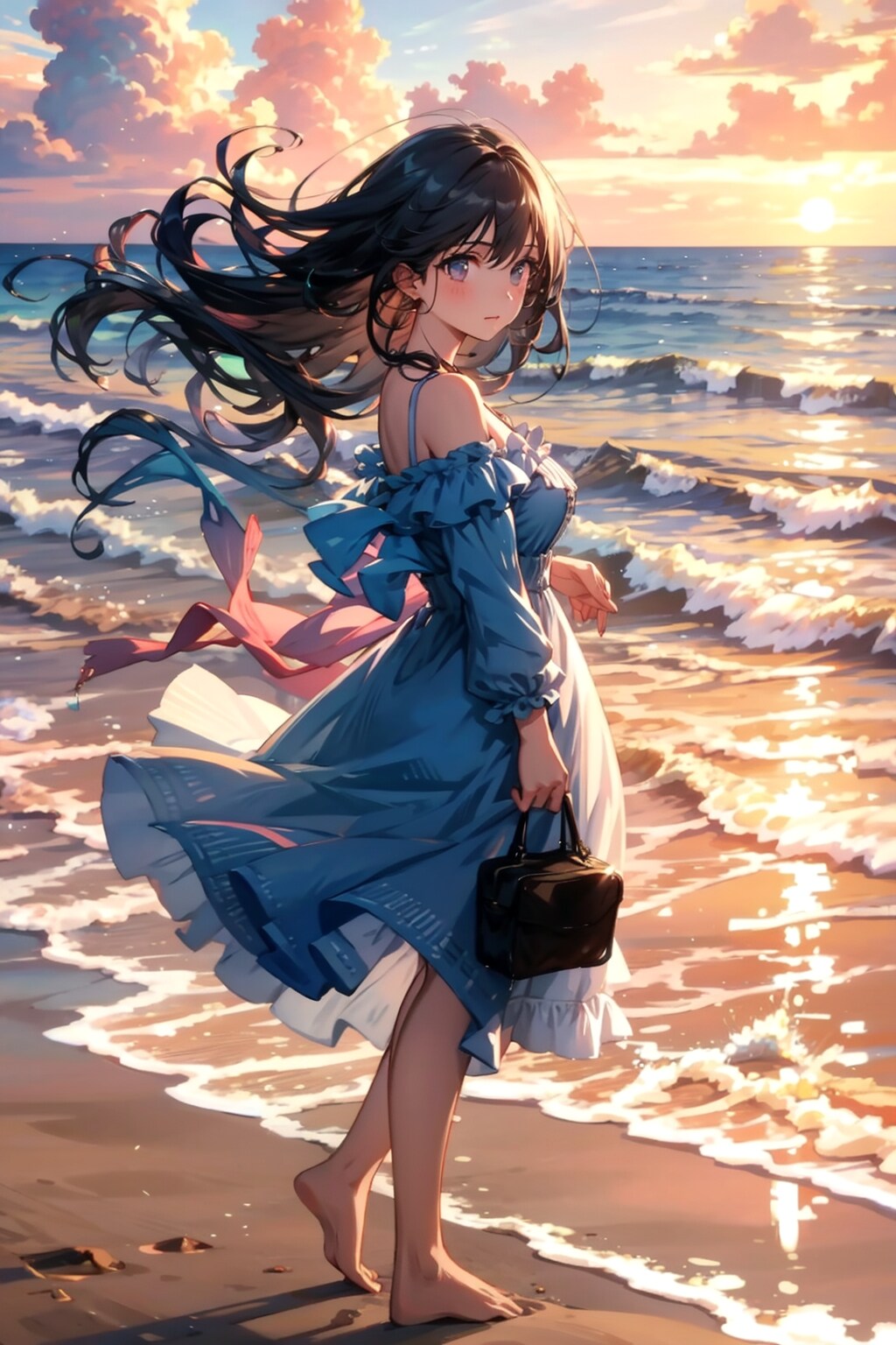 夕方の海で