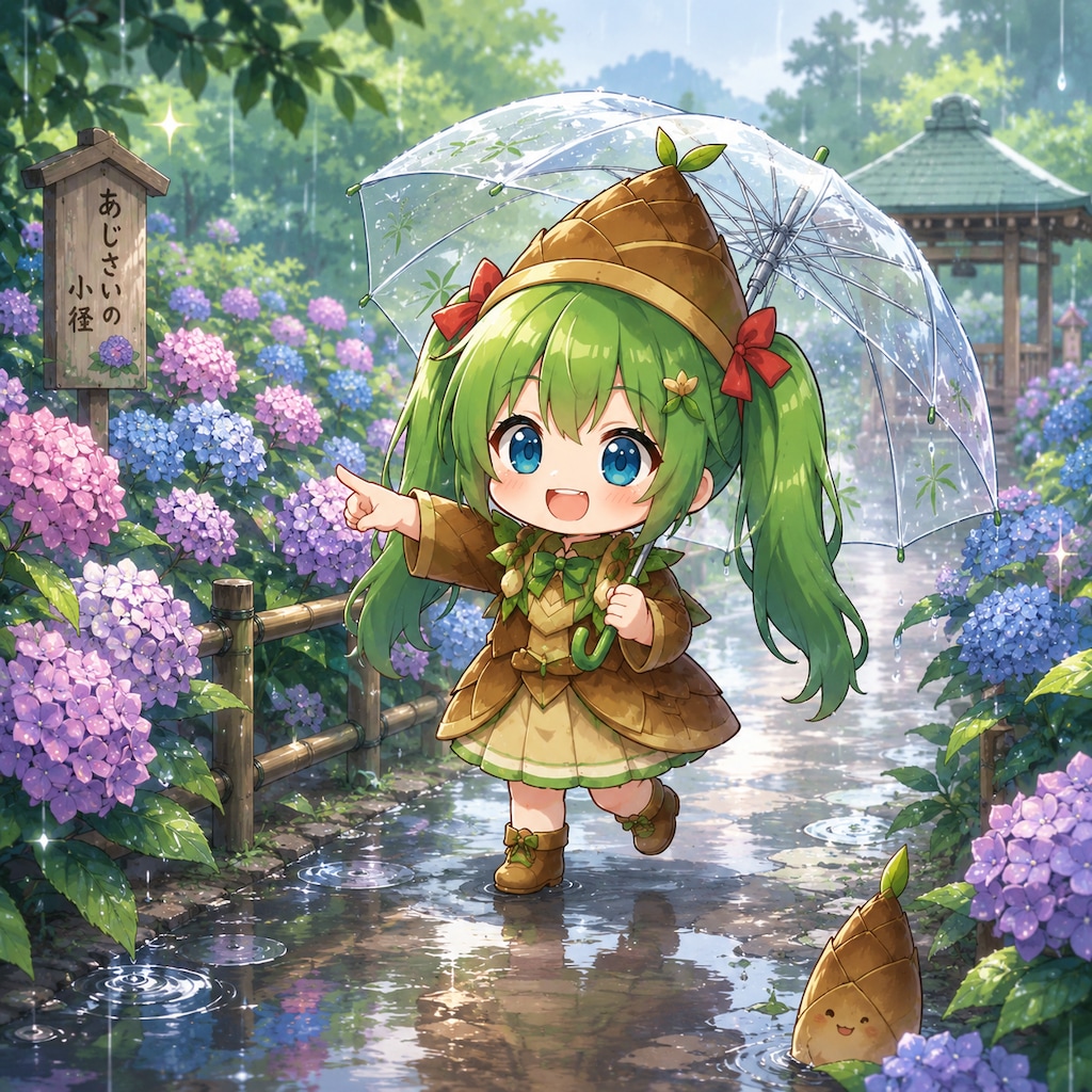 おたけのこちゃんとあじさい
