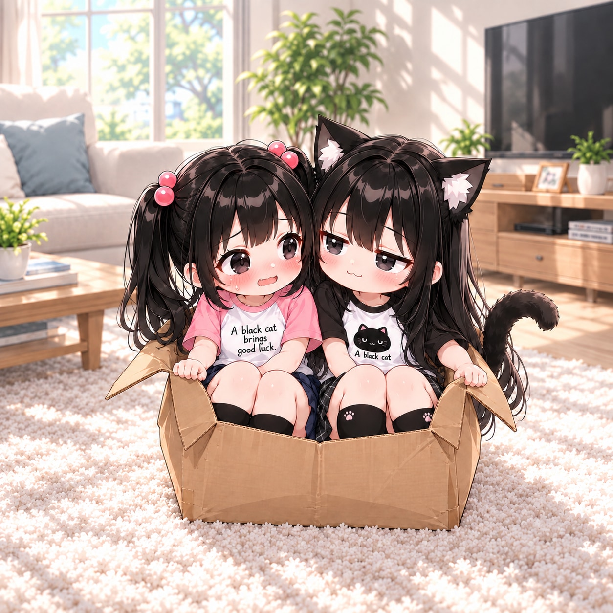 お気に入りの段ボール箱に誘われてぎゅうぎゅう詰めになっているところに居心地はどうかね？とドヤ顔で聞かれるも愛想笑いしかできなくなっているうっとこのこさんちの千夏ちゃん | の人気AIイラスト・グラビア