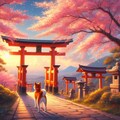 アクリル風 　春の神社　#巫女　柴犬 8枚目