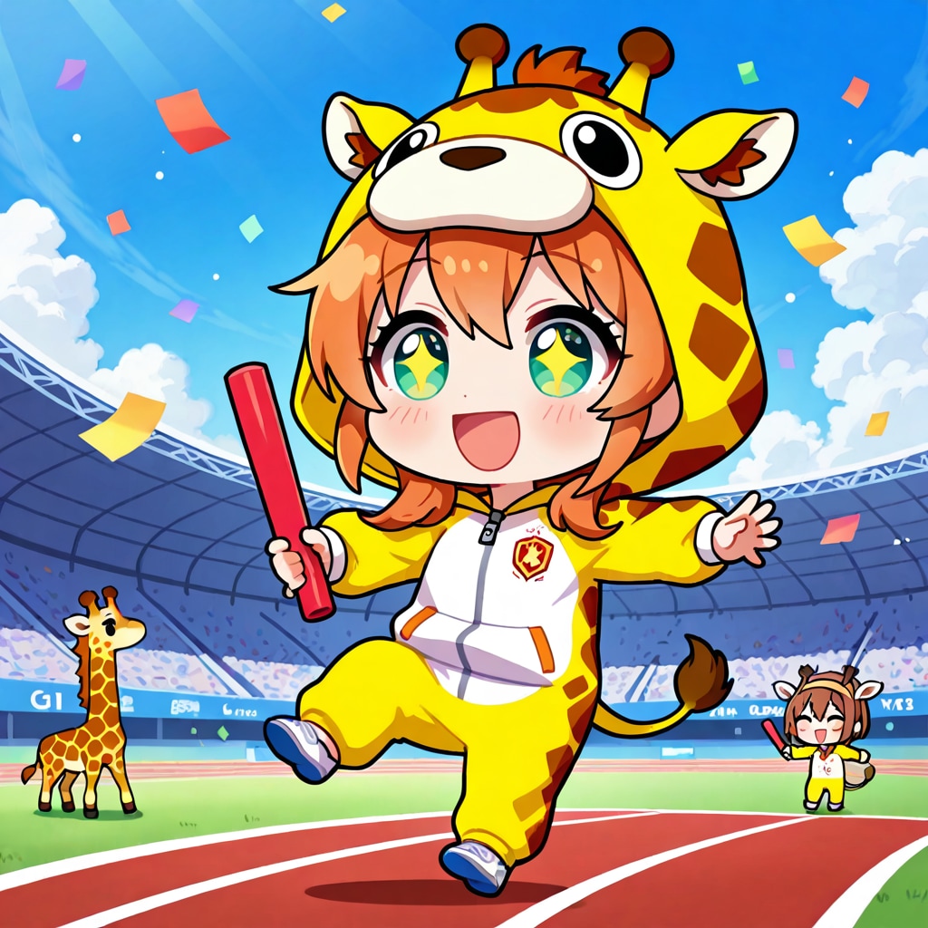 運動するキリン着ぐるみちび子ちゃん