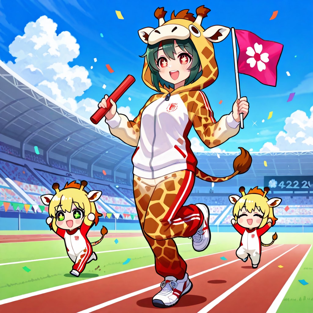 運動するキリン着ぐるみちび子ちゃん