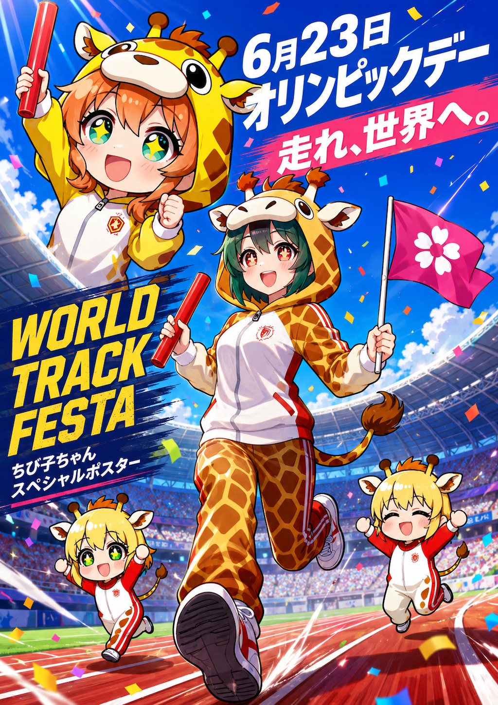 運動するキリン着ぐるみちび子ちゃん