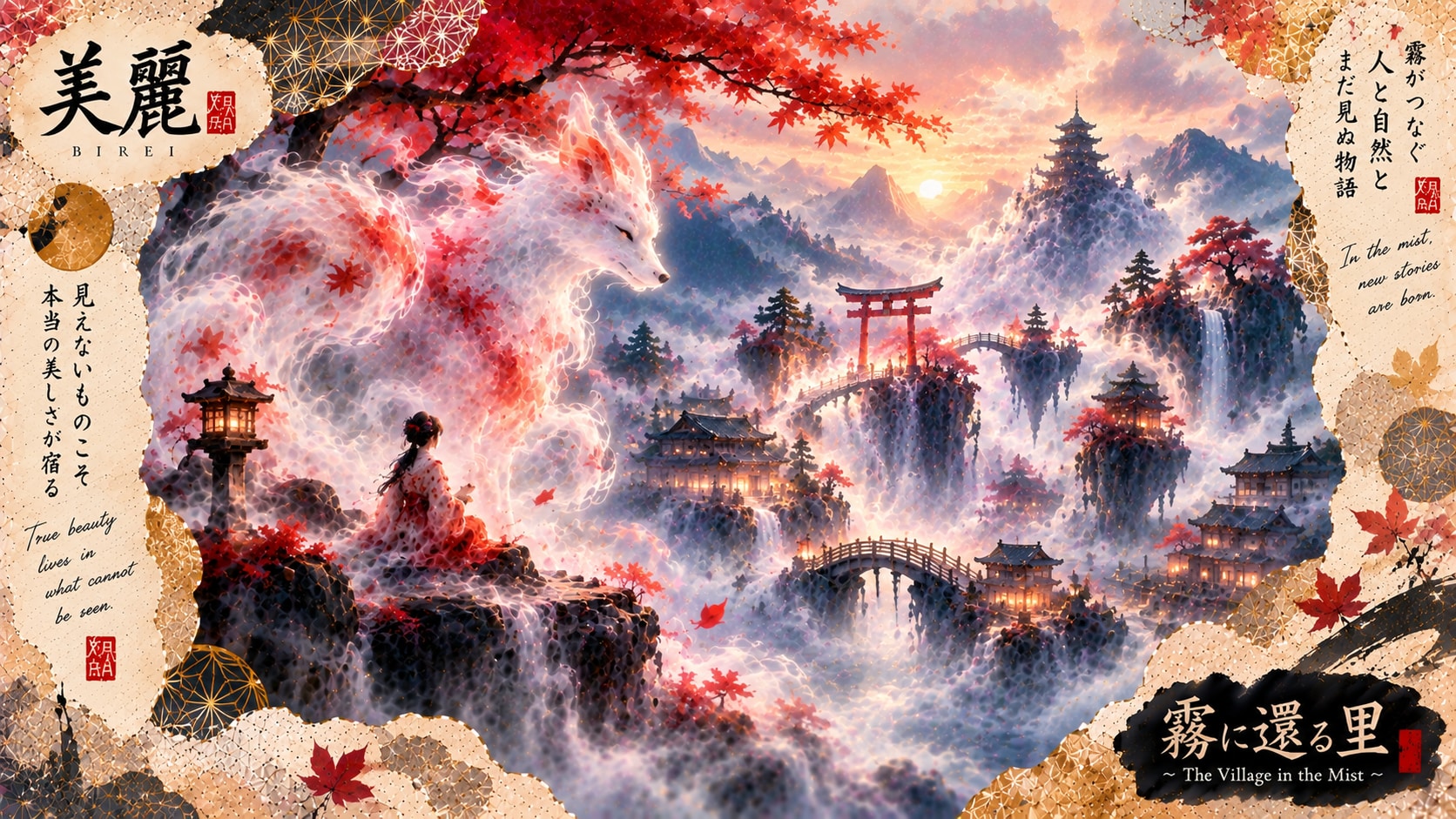 A giant spirit fox made of mist and maple leaves, watching over a village at dawn.  True beauty live | の人気AIイラスト・グラビア
