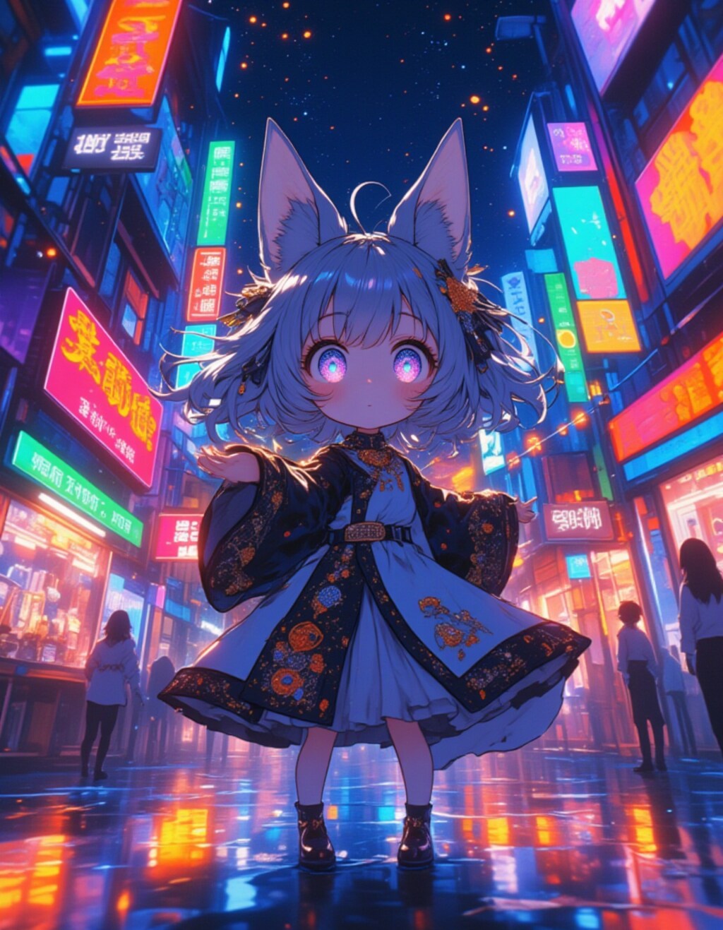 幻想的な街角の舞いと空を泳ぐシロナガスクジラ