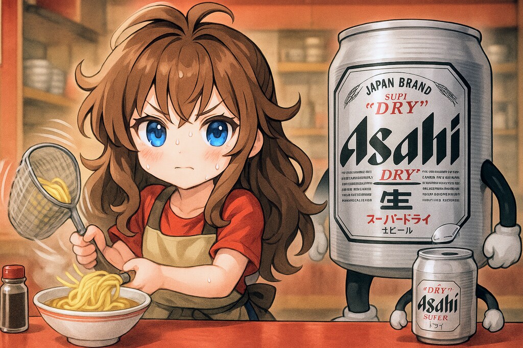 真剣に料理を作るビール缶と小さな女の子