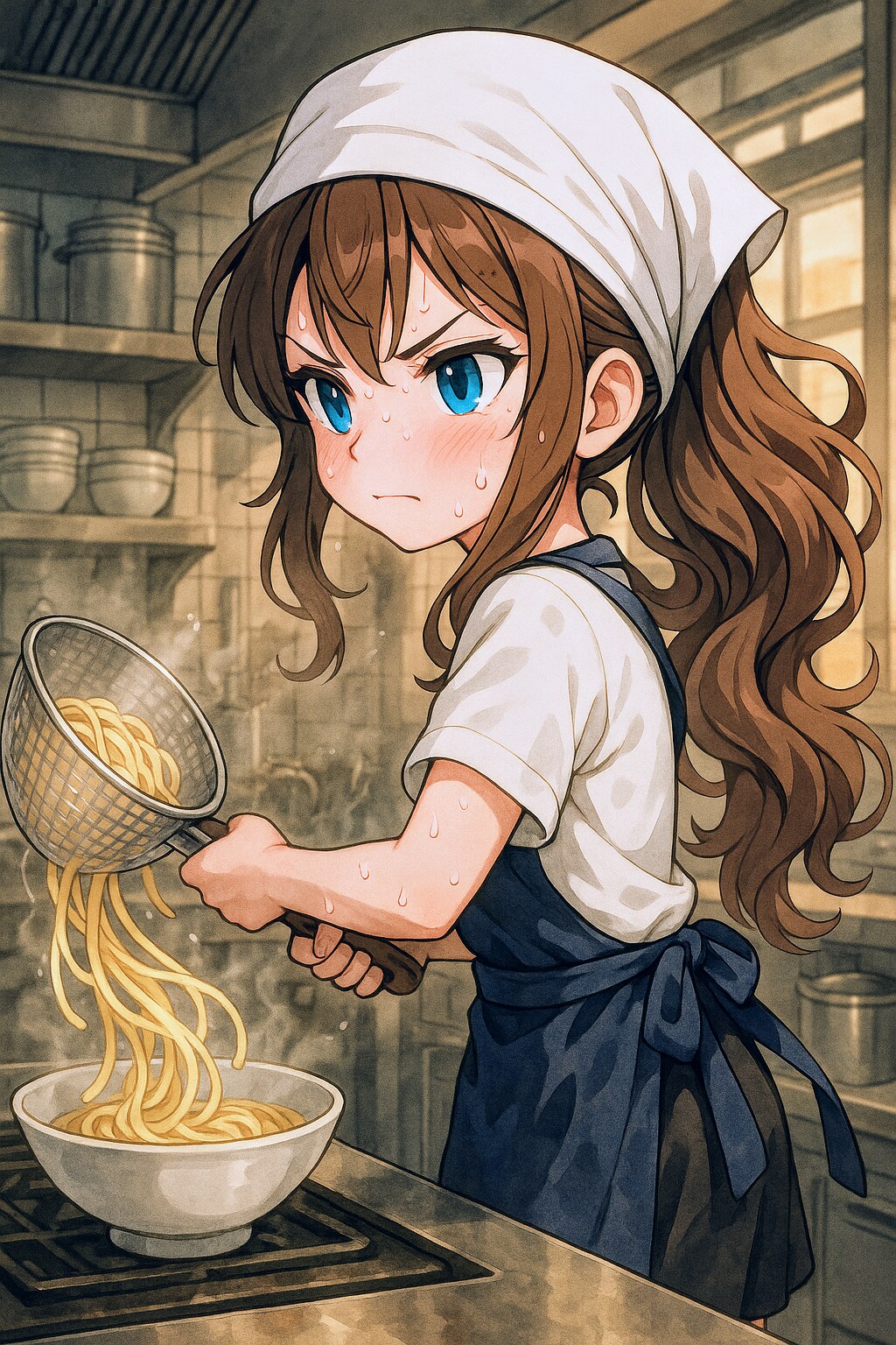 真剣に料理を作るビール缶と小さな女の子