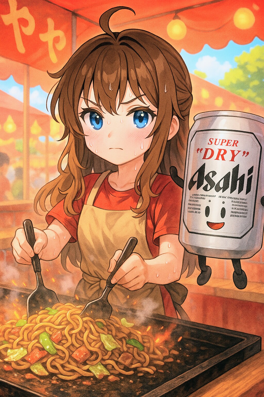 真剣に料理を作るビール缶と小さな女の子