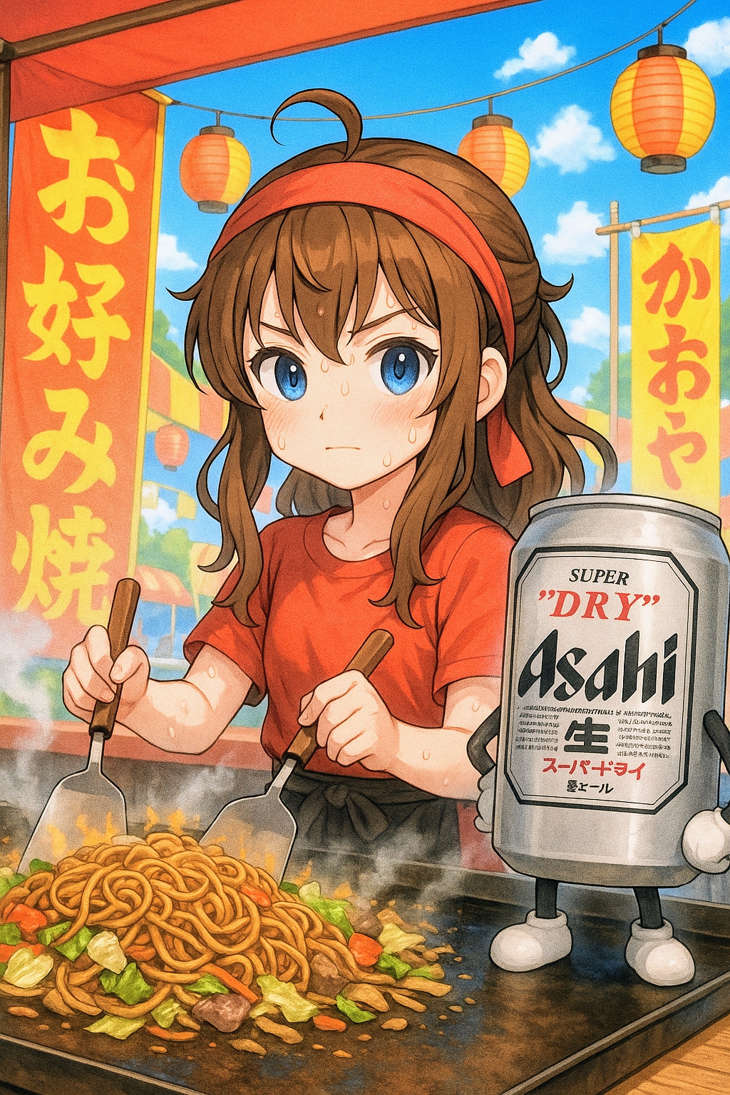 真剣に料理を作るビール缶と小さな女の子
