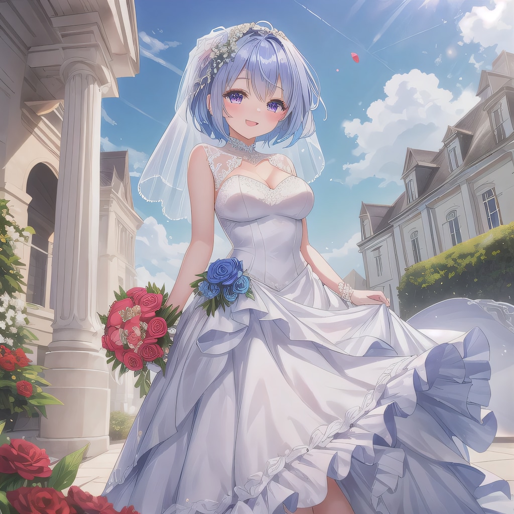 青髪ボブでウェディングドレスの少女