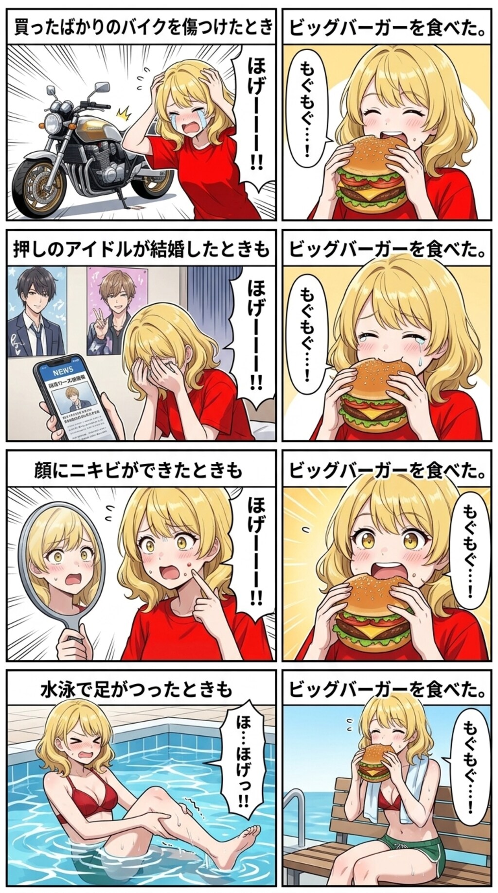 4コマ漫画「前を向きたいとき、うちはビッグバーガーを食べる」