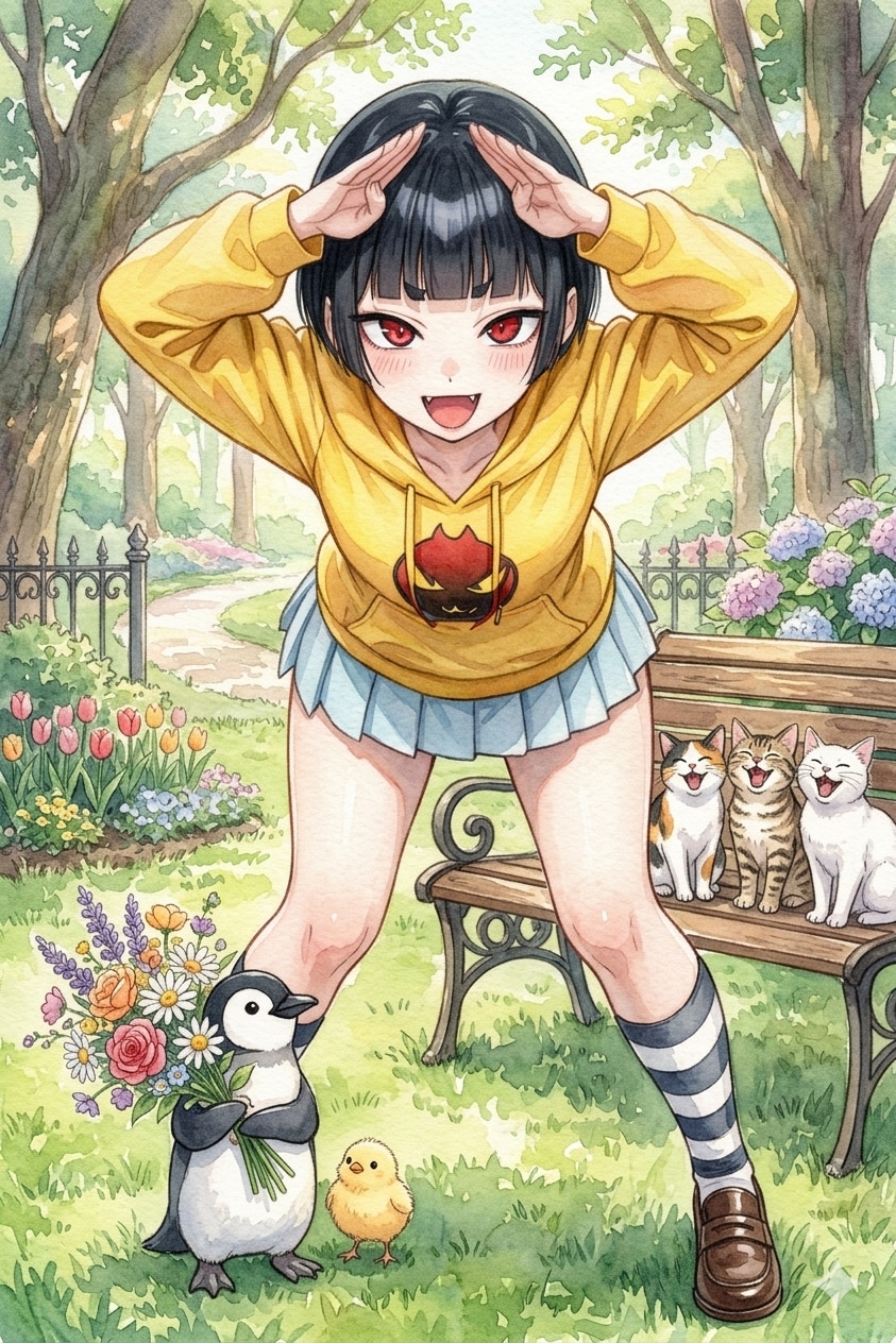 花を贈るペンギン