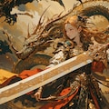 木の剣を持つ女性とドラゴン 2枚目
