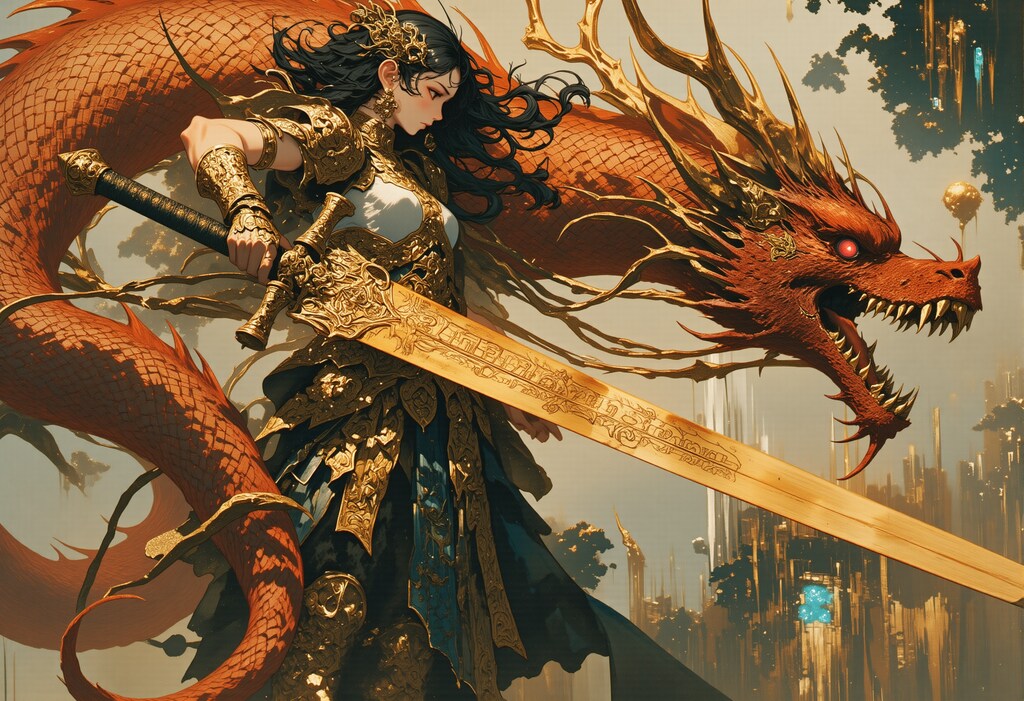 木の剣を持つ女性とドラゴン