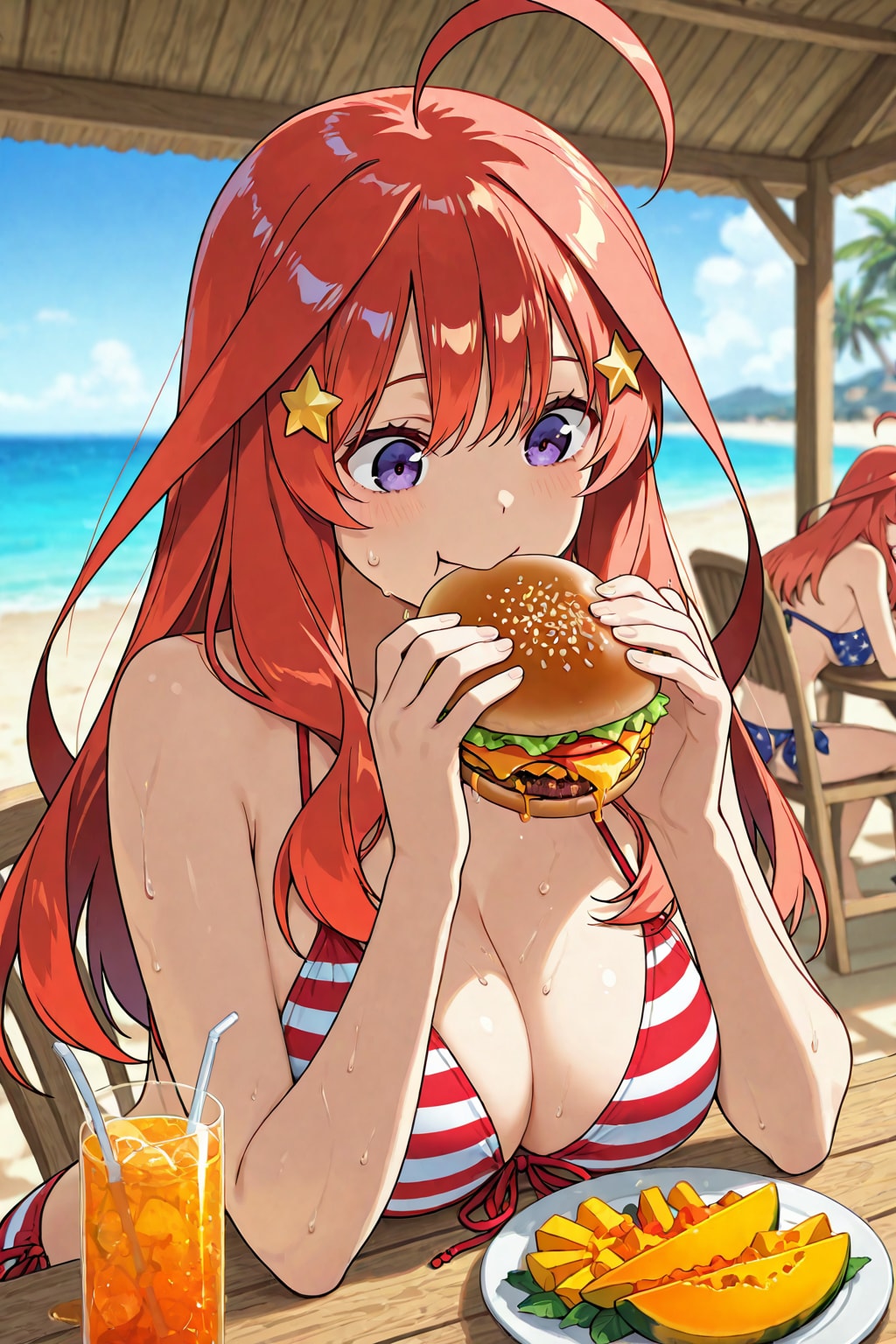 海の家でハンバーガー食べる中野五月👙🏖️🍔🥭🍹❤️