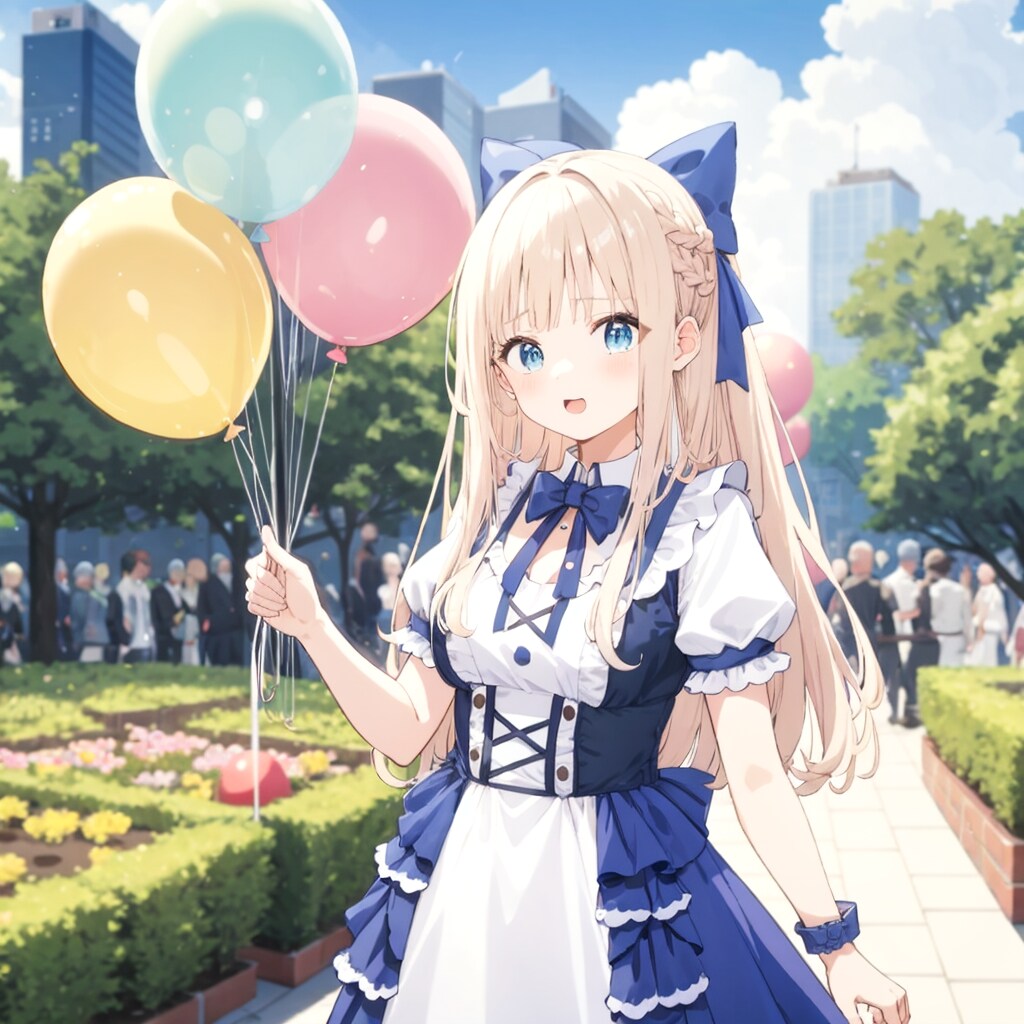 広い庭で風船を持つブロンドロングのアイドル