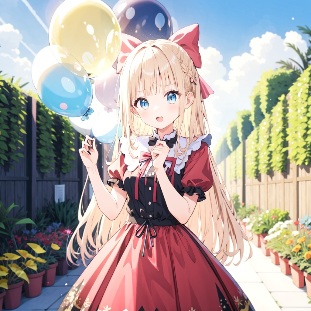 広い庭で風船を持つブロンドロングのアイドル