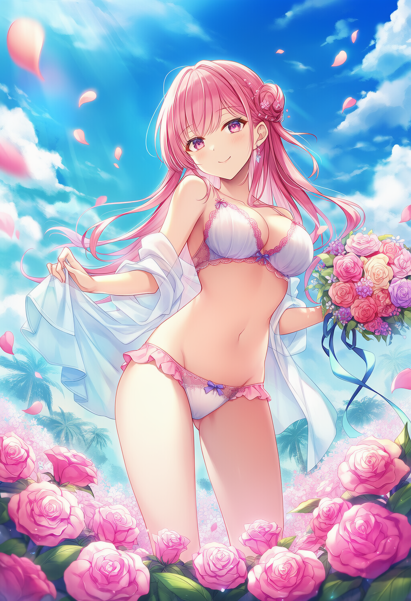 Under a clear blue sky in a radiant pink flower garden