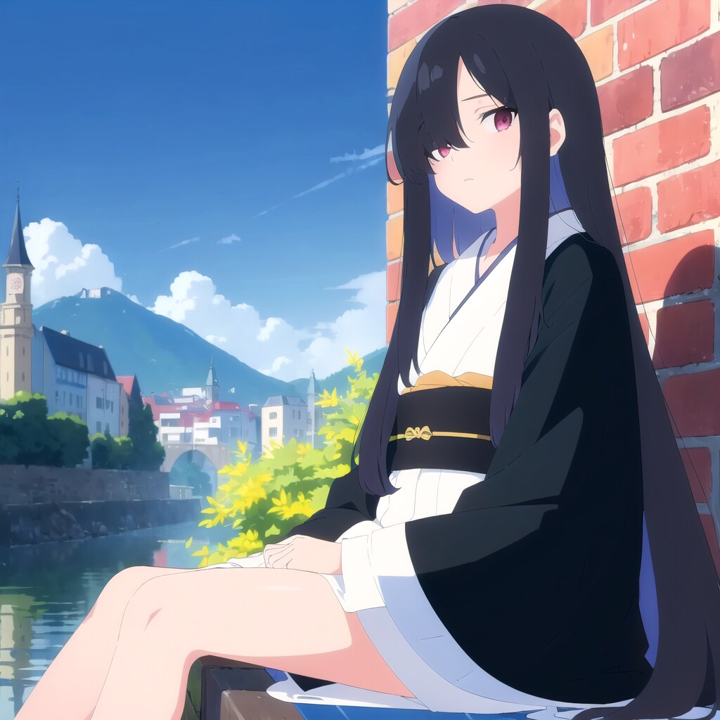 洋風の町の和服少女