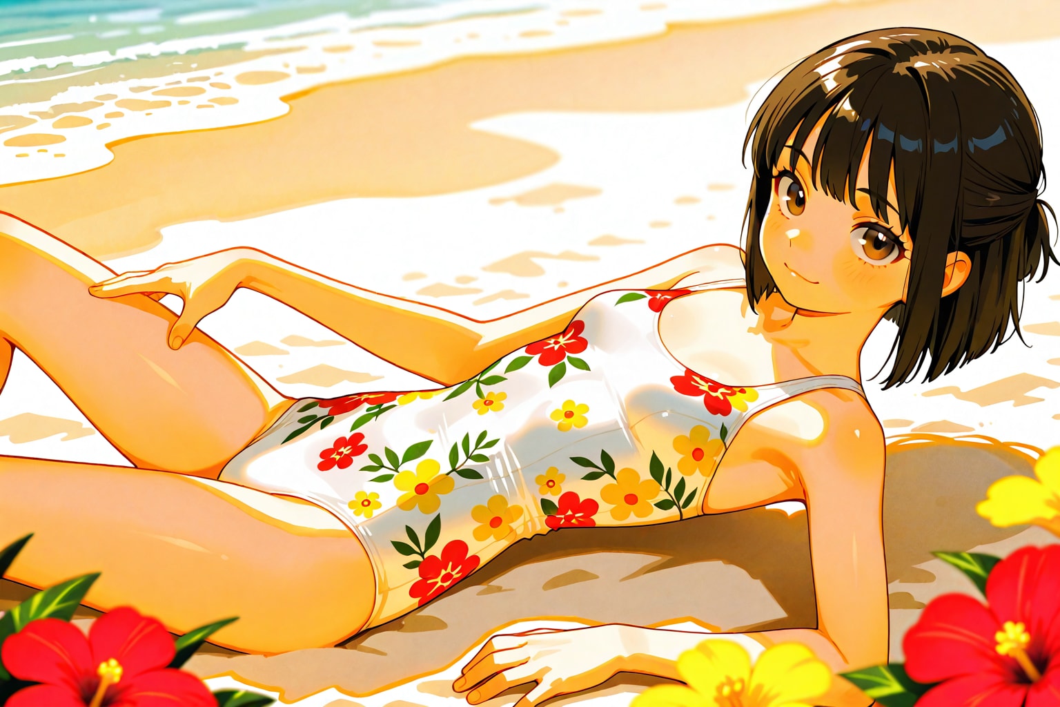 ビーチで寝そべる子