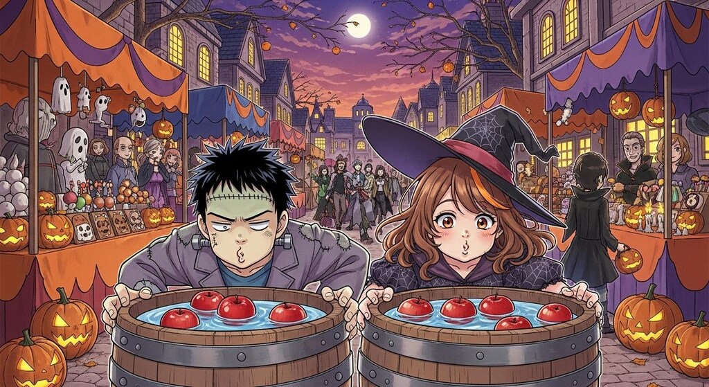 アップルボビングを楽しむ少年少女