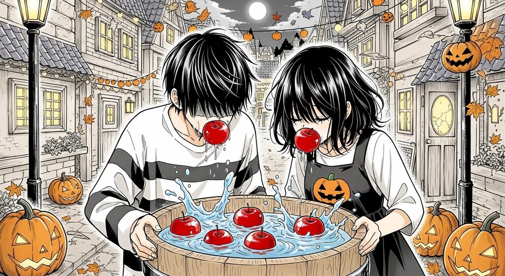 アップルボビングを楽しむ少年少女